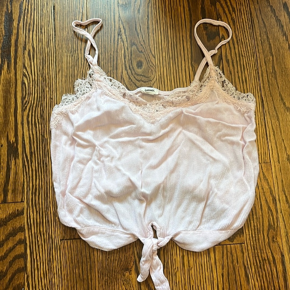 garage lacy detailing baby pink tie in front tank top spaghetti strap